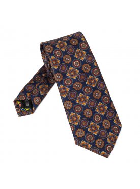 Granatowy krawat jedwabny VAN THORN w pomarańczowy wzór rozety