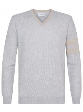 Jasnoszary sweter męski w serek 100% wełna merino