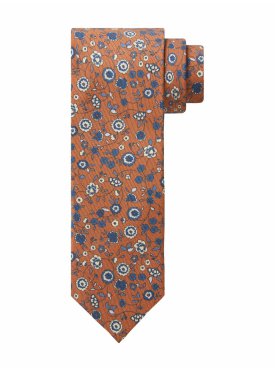 Pomarańczowy krawat z jedwabiu w botaniczny wzór – Profuomo