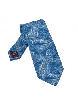 Niebieski krawat lniany we wzór paisley