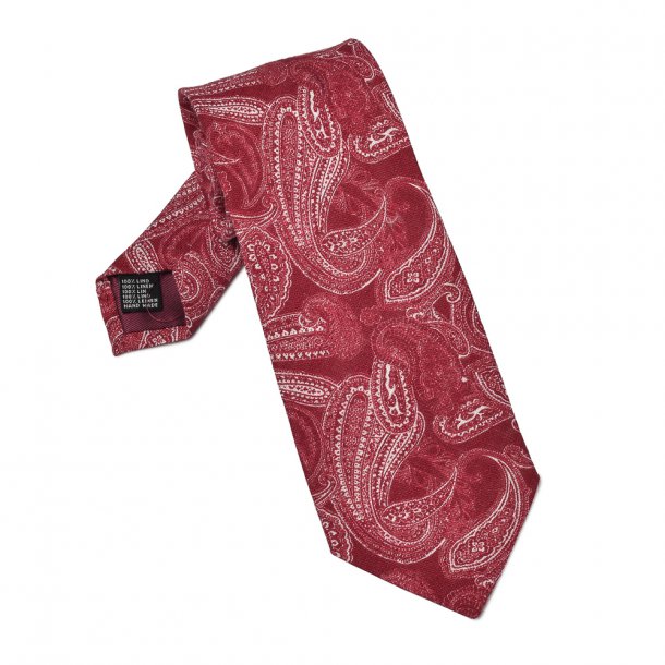 Bordowy krawat lniany we wzór paisley