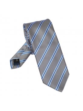 Jedwabny szary krawat w niebieskie pasy extra long Hemley