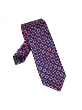 Jedwabny granatowy krawat w różowe kwadraty extra long Hemley