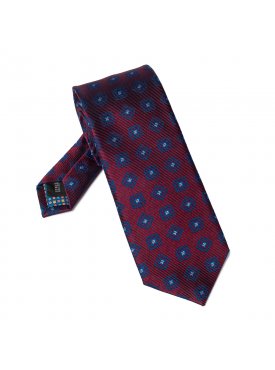 Bordowy jedwabny krawat w niebieski wzór DŁUGI