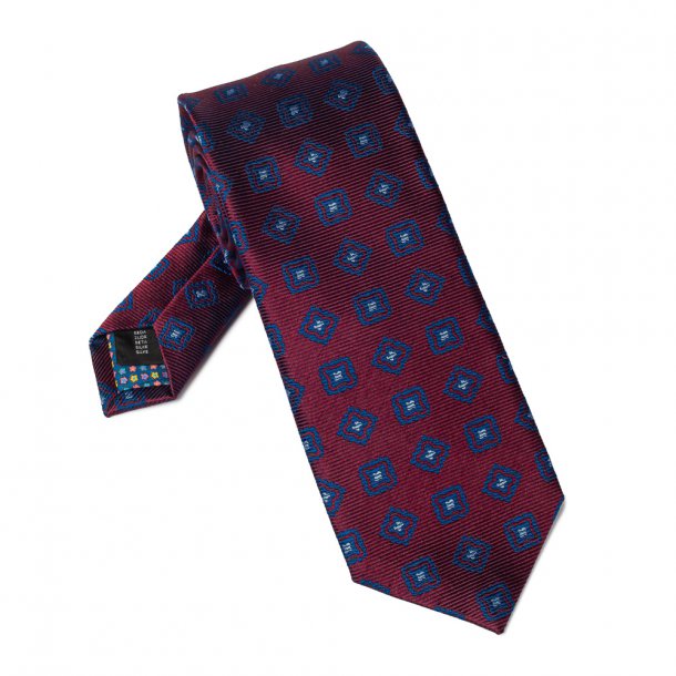Bordowy jedwabny krawat w niebieski wzór DŁUGI