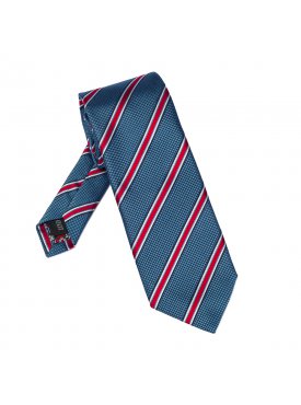 Niebieski krawat męski 100% jedwab w czerwono-białe paski