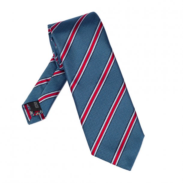 Niebieski męski krawat w czerwono-białe paski