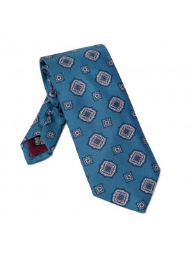 Niebieski krawat jedwabny wzór rozeta VAN THORN