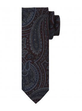Bordowy krawat wełniany w granatowy wzór paisley