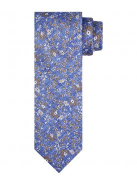 Elegancki niebieski krawat jedwabny w beżowe i białe kwiaty