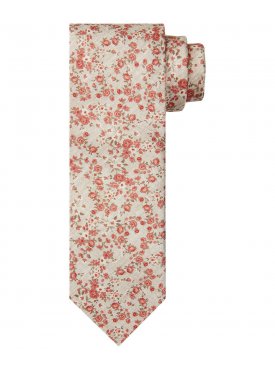 Elegancki beżowy krawat jedwabny w różowe kwiaty