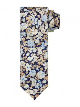 Elegancki granatowy krawat jedwabny w beżowe i niebieskie kwiaty