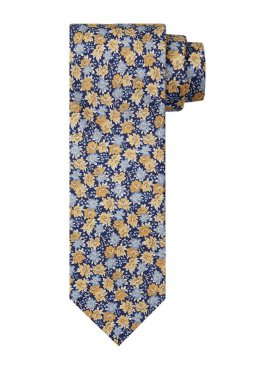 Elegancki granatowy krawat jedwabny w żółte i niebieskie kwiaty
