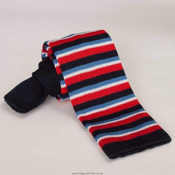 Krawat z dzianiny / typu knit w czerwone, granatowe i błękitne paski