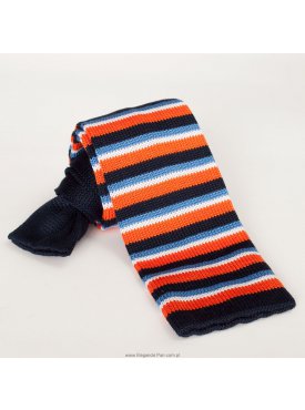 Krawat z dzianiny / typu knit w pomarańczowe, granatowe i błękitne paski