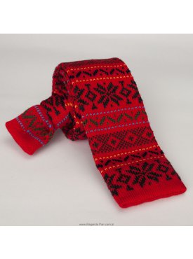 Czerwony wełniany krawat z dzianiny  /  typu knit we wzór norweski