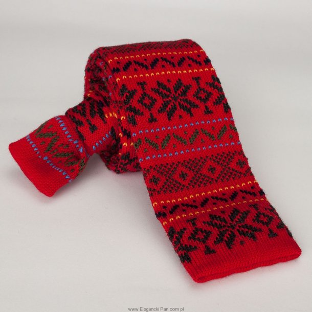 Czerwony wełniany krawat z dzianiny / typu knit we wzór norweski
