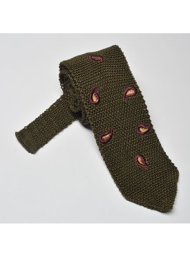 Oliwkowy krawat z dzianiny (knit) we wzór paisley