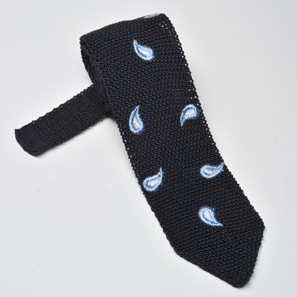 Granatowy krawat z dzianiny (knit) w błękitny wzór paisley