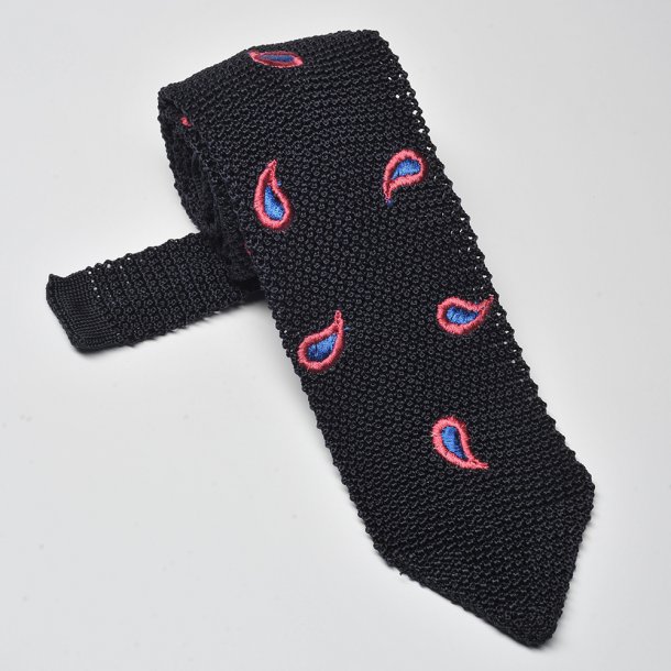 Granatowy krawat z dzianiny (knit) w różowy wzór paisley