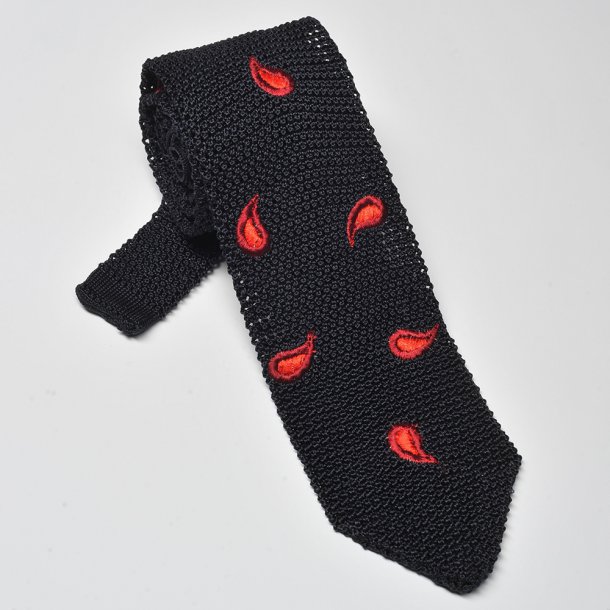 Granatowy krawat z dzianiny (knit) w bordowy wzór paisley