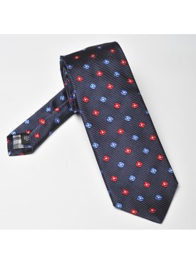 Elegancki granatowy krawat jedwabny Hemley w czerwony i błękitny wzór
