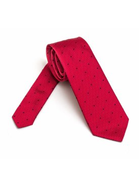 Elegancki DŁUGI czerwony krawat jedwabny VAN THORN w granatowe i białe kropeczki