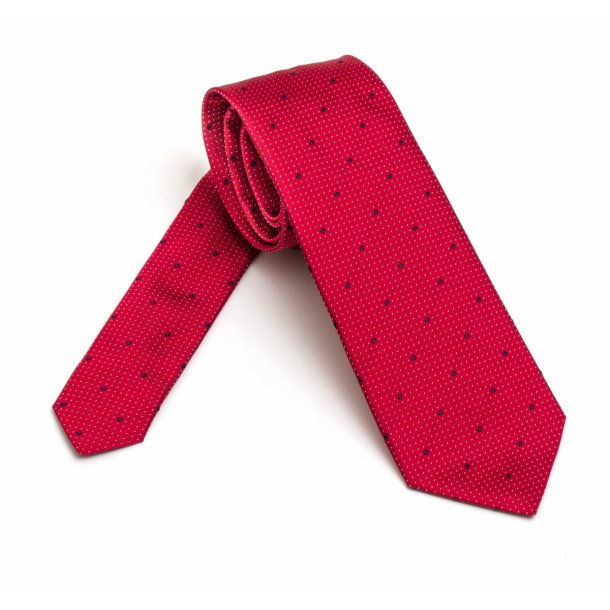 Elegancki DŁUGI czerwony krawat jedwabny VAN THORN w granatowe i białe kropeczki