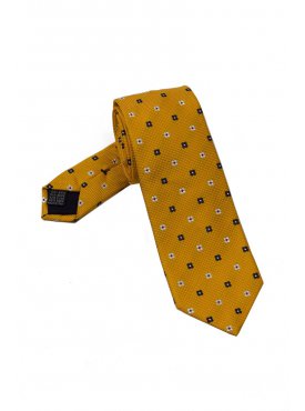 Elegancki żółty krawat jedwabny Van Thorn w granatowe i białe kwiatuszki