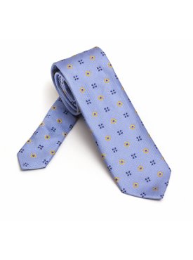 Elegancki DŁUGI błękitny krawat jedwabny Van Thorn w niebieski i żółty wzór