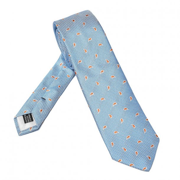 Elegancki DŁUGI błękitny krawat Van Thorn w pomarańczowe paisley