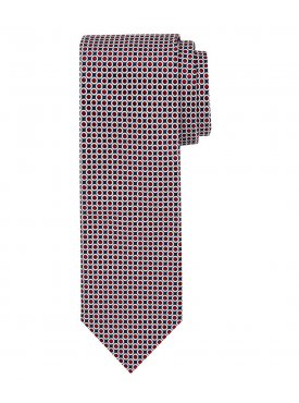 Granatowy jedwabny krawat Profuomo w białe grochy z czerwonym środkiem