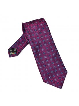 Elegancki DŁUGI różowy jedwabny krawat Hemley w błękitny wzór