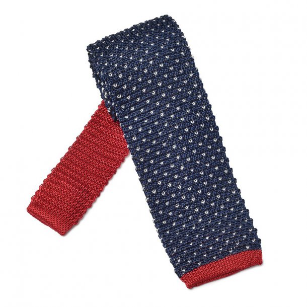 Granatowy jedwabny krawat knit w białe kropki z czerwonym wykończeniem