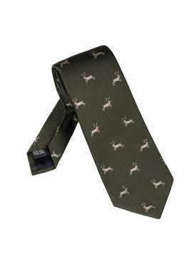 Elegancki zielony krawat jedwabny Laco w beżowe jelonki