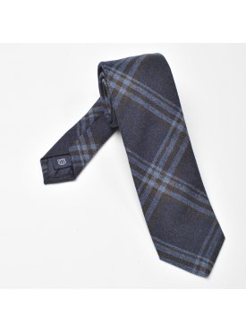Granatowy krawat wełniany w błękitną i brązową kratę, wąski 6,5cm