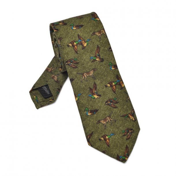 Zielony wełniany krawat Ascot w psy i ptaki
