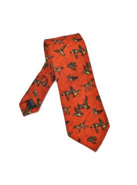 Pomarańczowy wełniany krawat Ascot w psy i ptaki