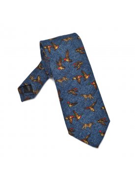 Niebieski wełniany krawat Ascot w psy i ptaki