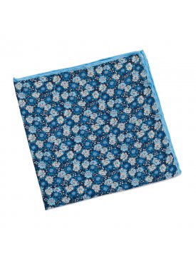 Granatowa jedwabna poszetka w kwiaty z błękitną obwódką