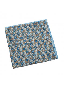 Beżowa jedwabna poszetka w kwiaty z błękitną obwódką