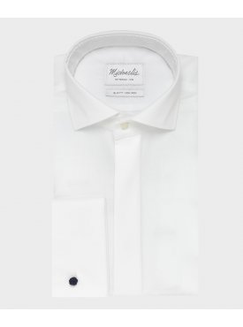 Elegancka biała koszula do muchy z krytą listwą i mankietami na spinki - Michaelis