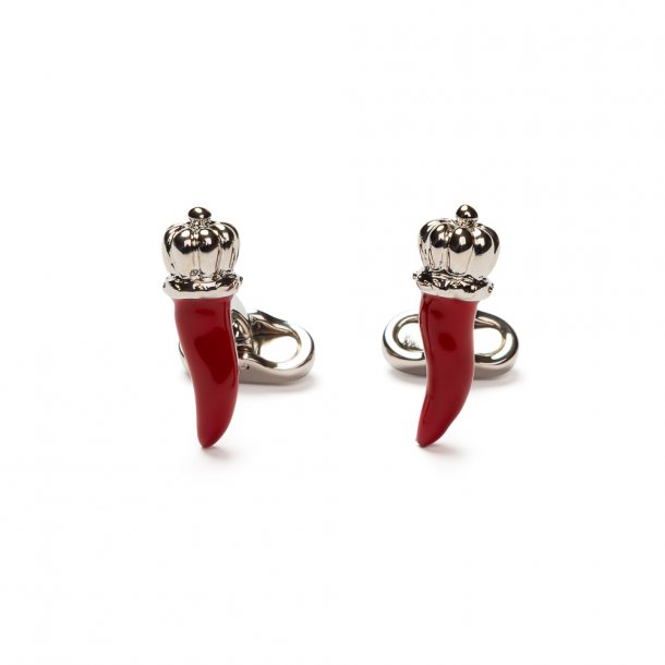spinki do mankietów VAN THORN Corno Róg Szczęścia czerwona emalia rodowana stal szlachetna wykonane we Florencji