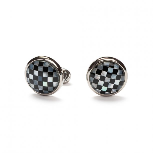spinki do mankietów VAN THORN okrągłe szachownica masa perłowa onyks rodowana stal szlachetna Florencja