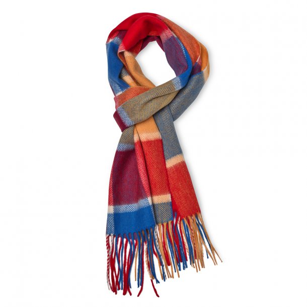 Elegancki kolorowy szal kaszmirowy w kratkę czerwień-żółty-niebieski