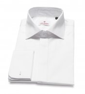 Elegancka biała koszula męska do muchy z krytą plisą i mankietami na spinki