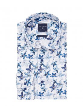 Przewiewna biała koszula Profuomo Slim Fit w niebieskie kwiaty