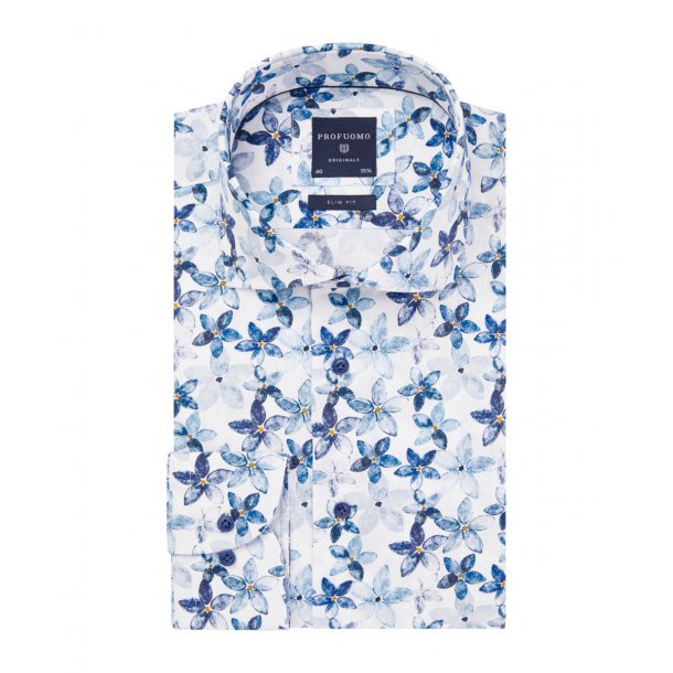 Przewiewna biała koszula Profuomo Slim Fit w niebieskie kwiaty