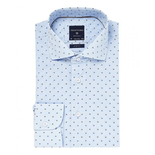 Elegancka błękitna koszula Profuomo SLIM FIT w drobną kratkę i kolorowy wzorek