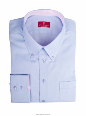 Błękitna koszula męska Van Thorn z kołnierzykiem na guziczki i stójką w różową kratkę - taliowana (SLIM FIT)